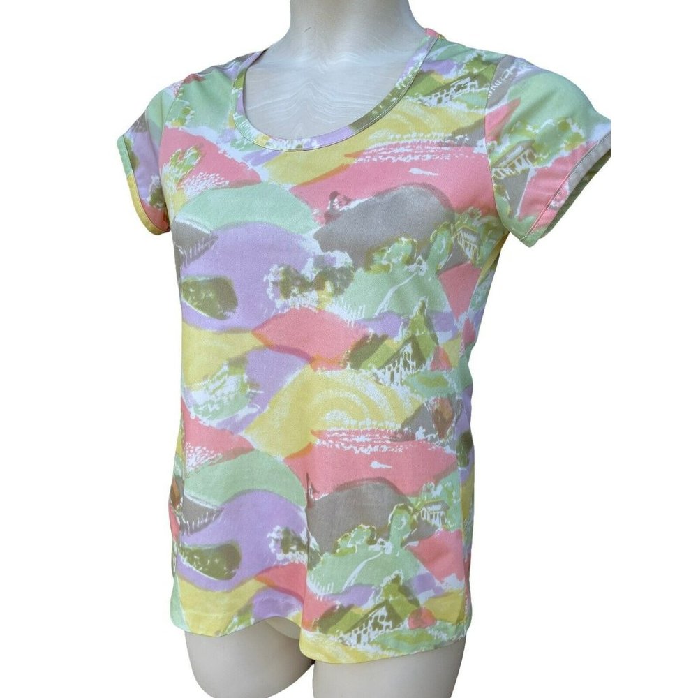 VTG Aileen Pastel Polyester Short Sleeve Tee Top Landscape Twee Girl Cottage M L